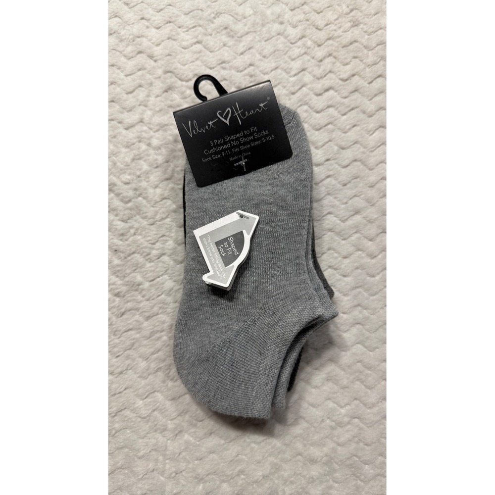 Velvet Heart 3 Pair Cushioned No Show Socks Grey Black Size 9-11 Shoe 5-10.5